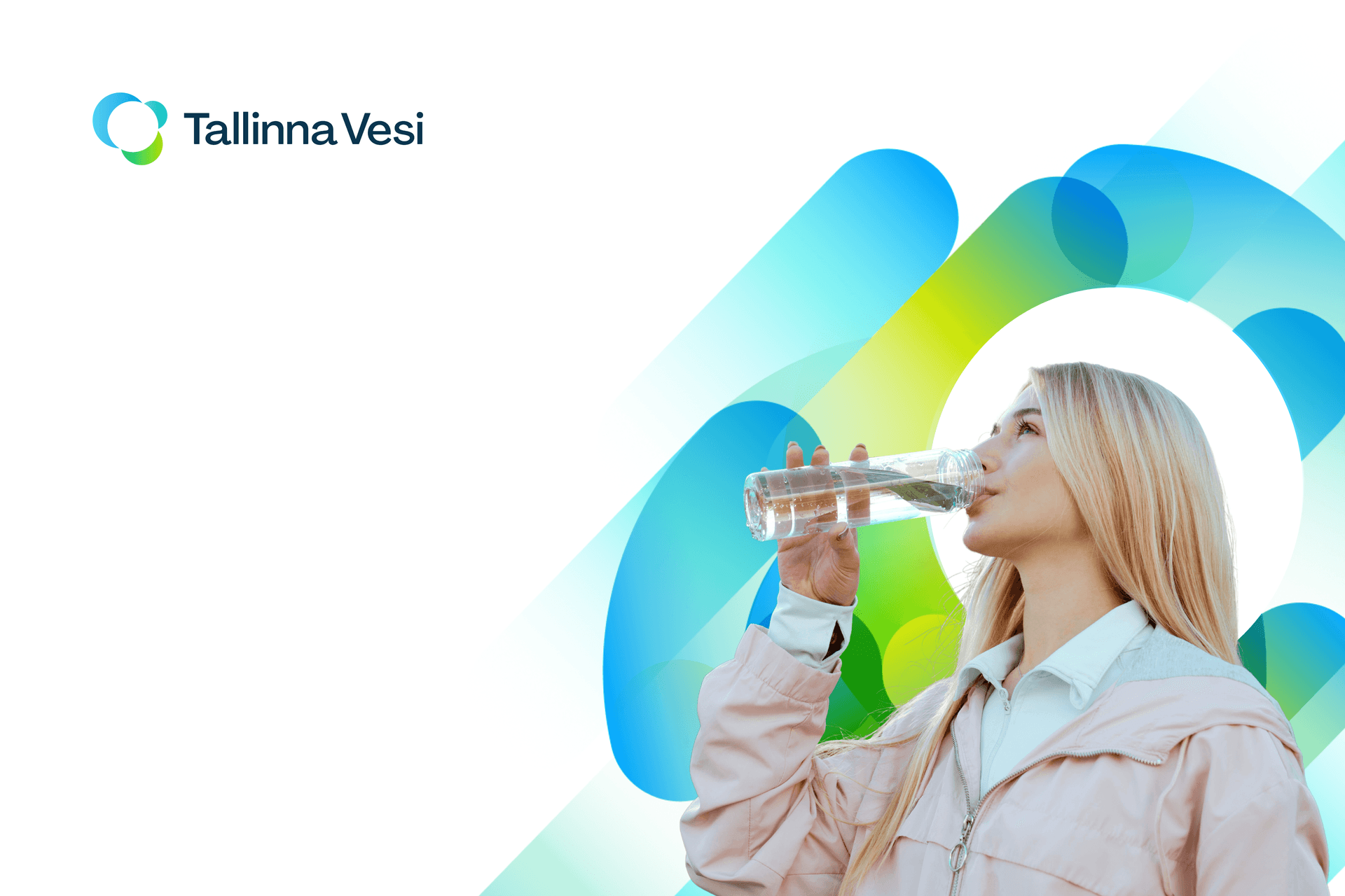 Blonde woman drinking water from a clear bottle, Tallinna Vesi logo visible.